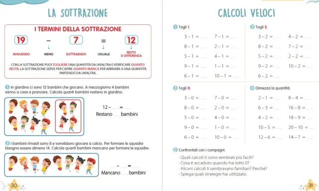 Pagina di esercizi sulle addizioni e sottrazioni in colonna, con esempi visivi e problemi da risolvere.