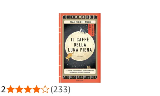 Copertina del libro "Il caffè della luna piena" con gatti e simboli astrologici.