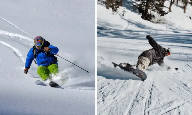 Narciarz w niebieskiej kurtce i snowboardzista w ciemnej kurtce na ośnieżonym stoku.