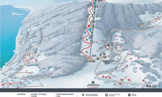 Mapa ośrodka narciarskiego Góra Żar. Widoczne trasy narciarskie, wyciągi, jezioro i zabudowania.
