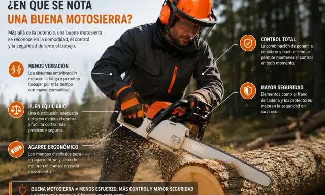 Hombre con equipo de seguridad usando una motosierra, destacando características de los diferentes tipos de motosierras: menos vibración, buen equilibrio, agarre ergonómico, control total y mayor seguridad.