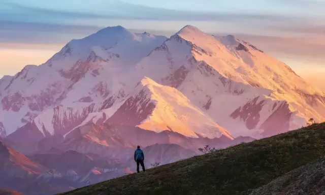 Widok na najwyższy szczyt Ameryki Północnej, Denali, oświetlony zachodzącym słońcem. Samotny turysta stoi na zboczu, podziwiając majestat góry.