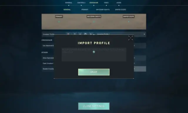 Jak skopiować celownik w Valorant? Okno "Import Profile" z kodem celownika i przyciskiem "OKAY".