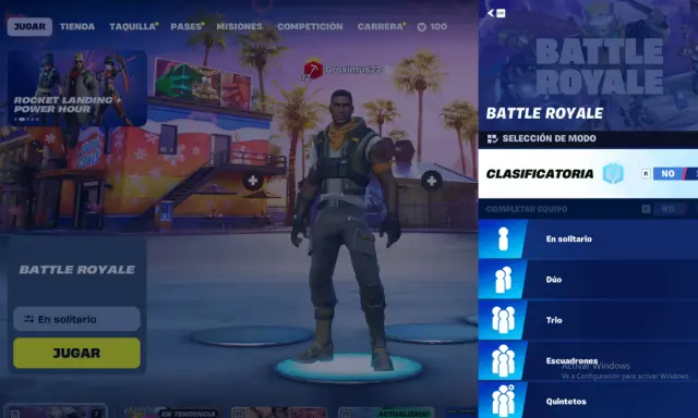 Gracz w Fortnite bez budowania, gotowy do gry w trybie Battle Royale. Wybiera opcję "En solitario" (Samotnie).
