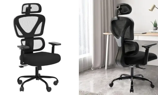 Silla ergonómica negra con malla transpirable, ideal para un taller mecánico o para largas jornadas de trabajo.