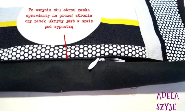 Wszywanie zamka krytego: sprawdzamy, czy jest ukryty w szwie pod wypustką. Detal poszewki z ozdobną taśmą.