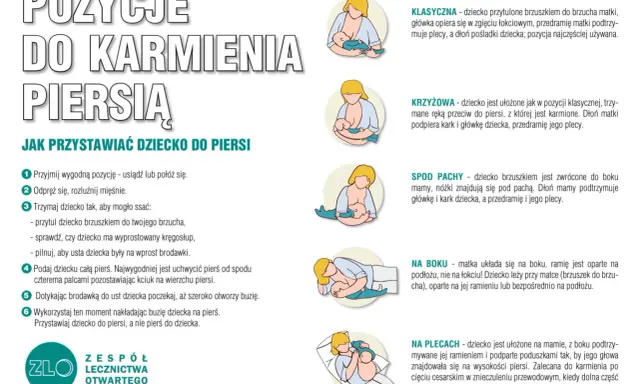 Ilustracje pokazują różne pozycje do karmienia piersią: klasyczną, krzyżową, spod pachy, na boku i na plecach. Poradnik pomaga w nauce przystawiania dziecka do piersi.