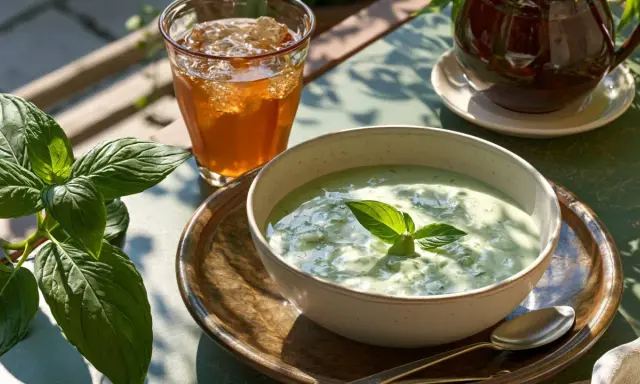 Deliciosa crema de pepino servida en un cuenco, acompañada de un vaso de té helado y hojas verdes frescas.