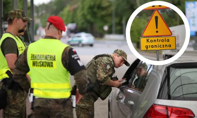 Żołnierze Żandarmerii Wojskowej przeprowadzają kontrolę graniczną. Na znaku drogowym widnieje napis "Kontrola graniczna".