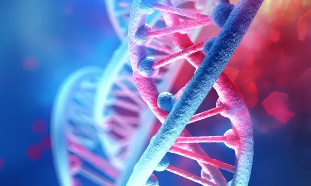 Doppia elica del DNA, simbolo di innovazione e editing genomico, con sfumature blu e rosse.