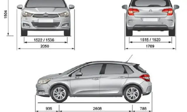 Schemat Citroen C4 z wymiarami: wysokość 1504 mm, szerokość przód 2050 mm, szerokość tył 1789 mm, długość 4329 mm.