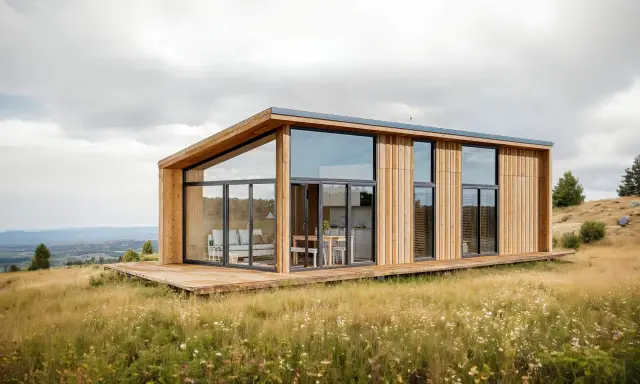 Maison moderne en bois avec grandes baies vitrées, nichée dans un paysage champêtre. Un projet construction maison idéal pour les amoureux de la nature.