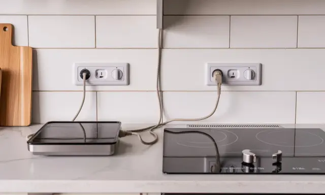 Deux plaques de cuisson à induction sont branchées sur des prises murales. L'une est une plaque portable, l'autre est intégrée.