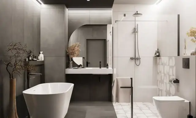 Nowoczesna łazienka z wanną i prysznicem. Efektowne układanie płytek 120x60 na ścianie dodaje elegancji.