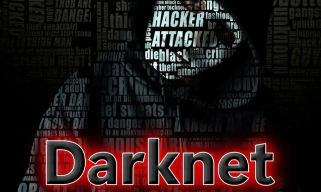 Silhouetten und Begriffe wie "Hacker", "Crime" und "Danger" umgeben das Wort "Darknet".