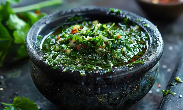 Frisches, grünes Chimichurri im Steinmörser, ein authentisches argentinisches Rezept. Perfekt für gegrilltes Fleisch.