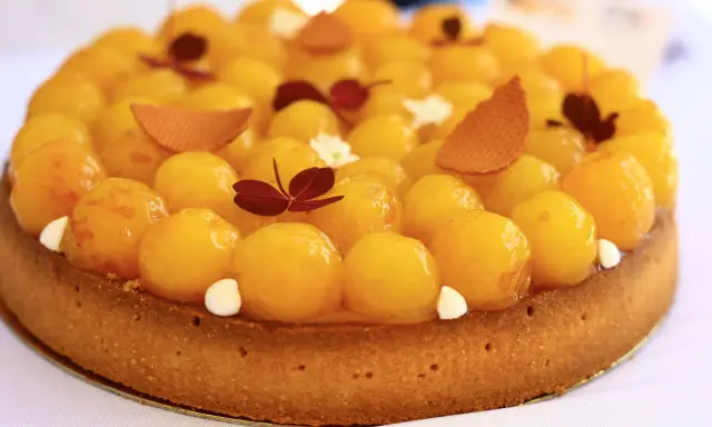 Tarte aux abricots, une spécialité de Metz, garnie de fruits brillants et de décorations délicates.