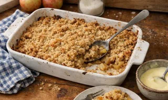 Un plat de meilleur crumble aux pommes tout juste sorti du four, avec une cuillère prête à servir. Des pommes fraîches et une crème anglaise complètent ce délice.