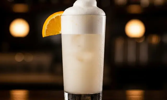 En krämig Ramos Gin Fizz med apelsinskiva, perfekt för en sofistikerad kväll.