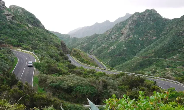Serpentinenstraße auf Teneriffa, ideal für eine Rennradtour durch grüne Berge. Ein Auto fährt auf der kurvenreichen Straße.