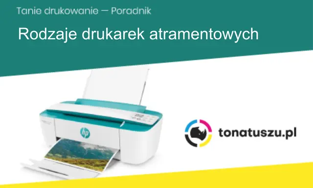 Poradnik o rodzajach drukarek atramentowych. Widoczna drukarka HP drukuje zdjęcie krajobrazu.