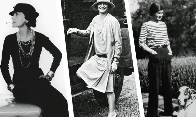 Coco Chanel, ícono de la moda, luce elegantes vestidos años 20 y pantalones de estilo atemporal.