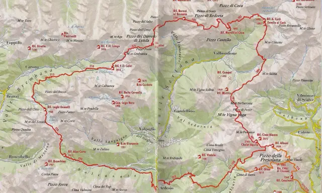 Mappa del sentiero delle Orobie, con sentieri rossi che attraversano valli e cime come il Pizzo Coca e la Presolana.