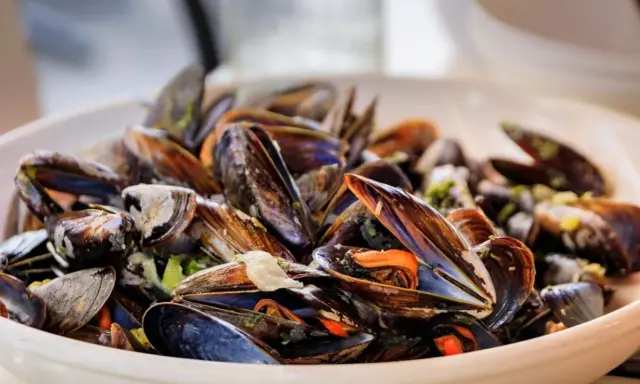 Un plato rebosante de mejillones al vapor, con sus conchas abiertas mostrando la carne anaranjada y jugosa.