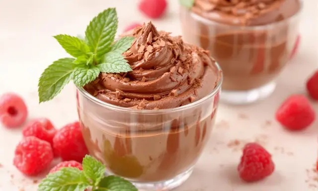 Délicieuse mousse au chocolat 2 ingrédients sans oeuf, garnie de copeaux de chocolat et de menthe fraîche, avec des framboises autour.