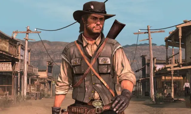 John Marston w kapeluszu i kamizelce, gotowy na przygody w świecie Red Dead Redemption na PS5.