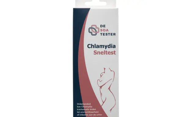 Confezione di un test rapido per la clamidia, utile per l'urinocoltura. La scatola presenta un'illustrazione stilizzata di una figura umana.