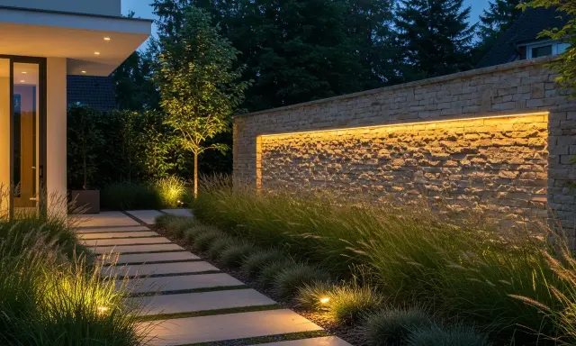 Allée de dalles éclairée par des spots au sol, bordée d'herbes hautes et d'un mur de pierre illuminé par une lumière 4000k couleur.