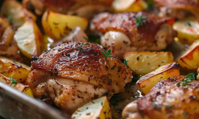 Ugnsbakad kyckling innerfilé med klyftpotatis, perfekt tillagad vid rätt temperatur.