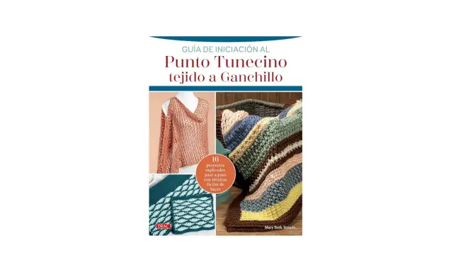 Guía de iniciación al punto tunecino tejido a ganchillo. Muestra un chal color salmón, una manta a rayas y dos muestras de tejido en verde y turquesa.