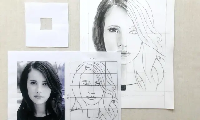 Guida per imparare come fare un ritratto da una foto: foto originale, disegno a griglia e schizzo in corso.