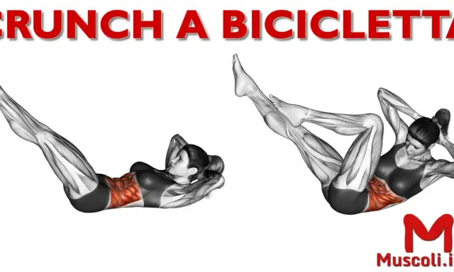 Crunch a bicicletta: dimostrazione dell'esercizio che coinvolge i muscoli addominali, con enfasi sulla definizione.