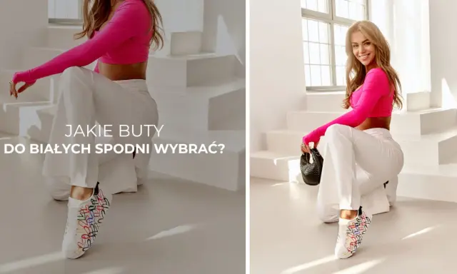 Kobieta w białych spodniach i różowym topie prezentuje białe sneakersy z kolorowymi serduszkami. Idealne pytanie: jakie buty do białych spodni damskich wybrać?
