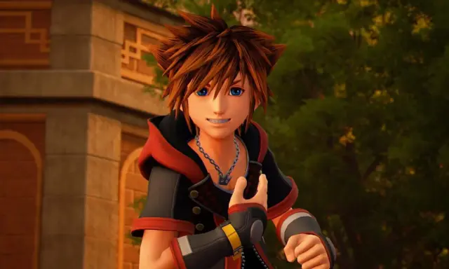 Sora z Kingdom Hearts, z niebieskimi oczami i charakterystycznymi włosami, uśmiecha się, gotowy na przygodę.