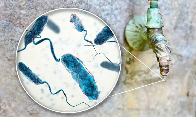 Kolerabakterier syns i förstoring nära en gammal kran, en påminnelse om vikten av vaccin mot kolera.