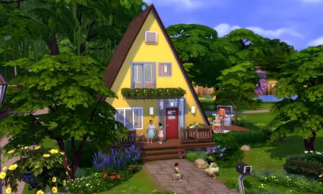 Żółty dom w kształcie litery A, otoczony zielenią. Domy w The Sims 4 bez dodatków mogą wyglądać tak uroczo!