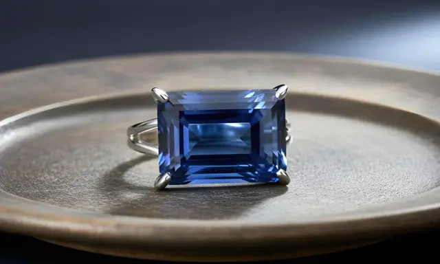 Anello con un magnifico zaffiro blu rettangolare, incastonato su un piatto metallico.