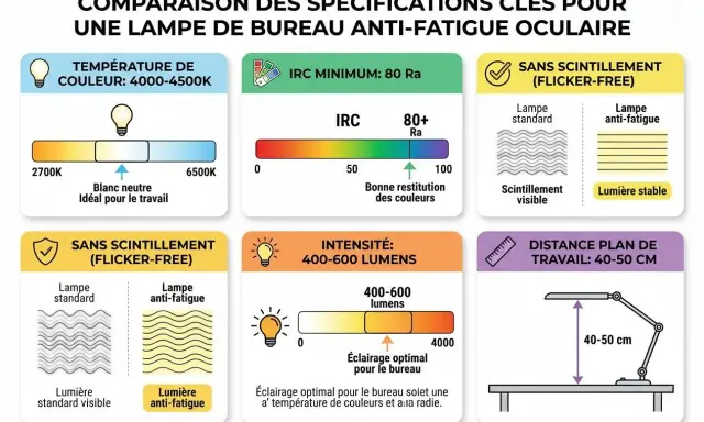 Comparaison des spécifications d'une lampe de bureau anti-fatigue : température de couleur, IRC, absence de scintillement, intensité et distance de travail.