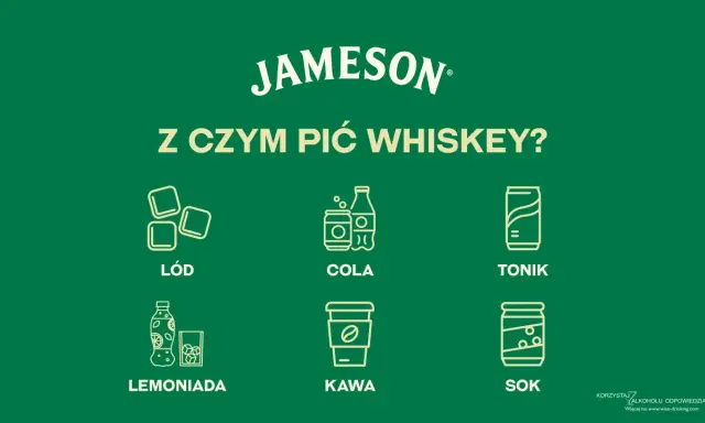 Jameson z czym pić? Lód, cola, tonik, lemoniada, kawa, sok – wybierz swój ulubiony dodatek do irlandzkiej whiskey.
