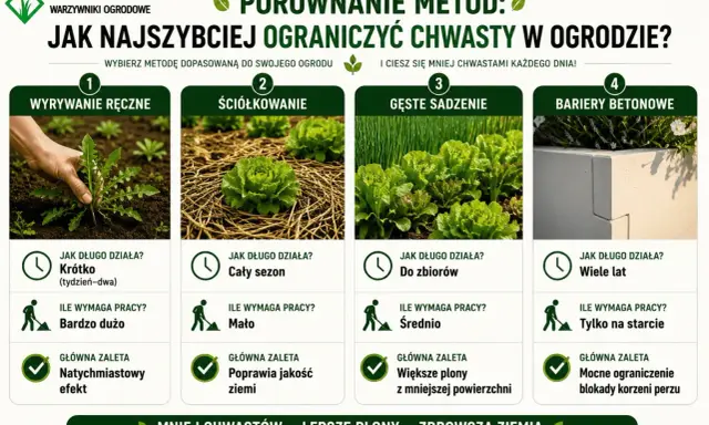 Porównanie metod: ręczne wyrywanie, ściółkowanie, gęste sadzenie i bariery betonowe to domowy sposób na chwasty.