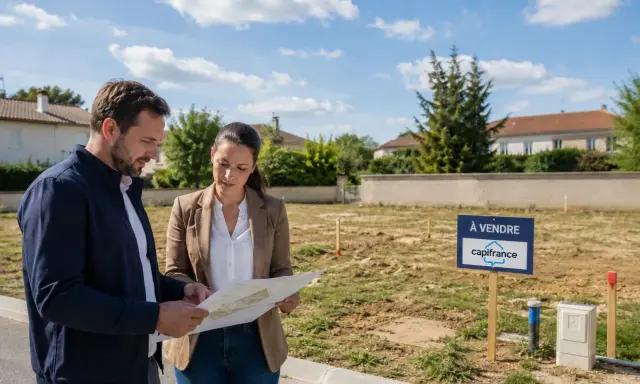 Un couple examine un plan sur un terrain à vendre, projetant d'acheter pour construire une maison.
