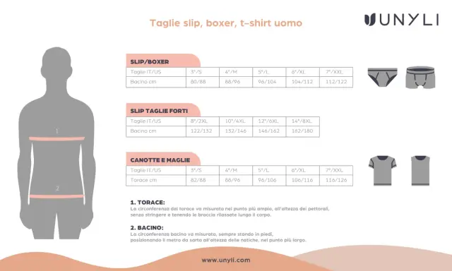 Guida alle taglie uomo: slip, boxer, canotte. Misura slip uomo e bacino per scegliere la taglia giusta.