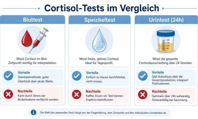 Porównanie testów kortyzolu: badanie krwi, śliny i moczu. Test kortyzolu ze śliny jest nieinwazyjny i idealny do profilu dziennego.