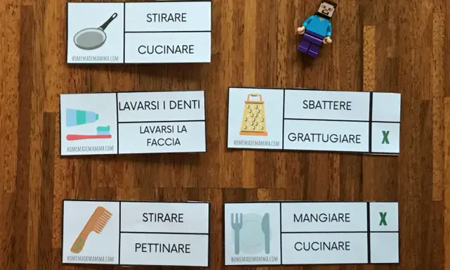 Schede per le azioni classe prima: stirare, cucinare, lavarsi i denti, lavarsi la faccia, sbattere, grattugiare, pettinare, mangiare.