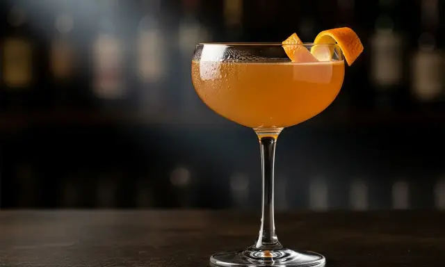 En elegant el presidente cocktail med apelsinzest på en mörk bardisk, med suddiga flaskor i bakgrunden.