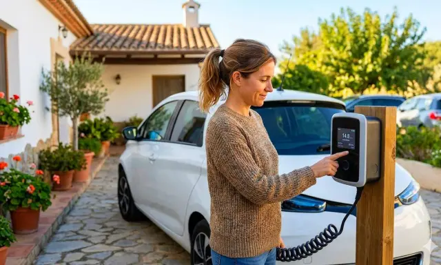 Mujer interactúa con cargador de coche eléctrico, preparándose para el futuro del transporte, quizás con un plan auto plus 2026 boe.